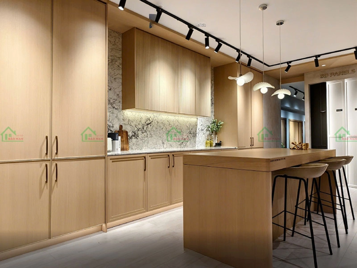 Tủ bếp gỗ công nghiệp phủ Veneer mang vẻ đẹp gần giống gỗ tự nhiên