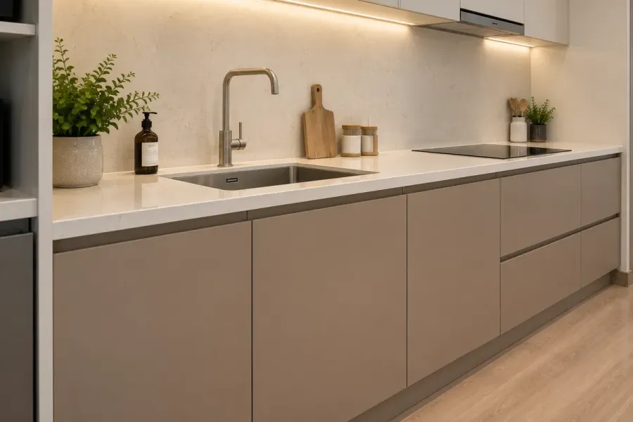 Phần tủ dưới được chia giữa khoang cánh mở và ngăn kéo, phía trên là mặt đá dùng cho khu vực sơ chế và đặt thiết bị bếp.
