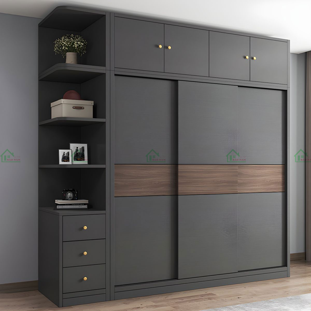 Mẫu tủ quần áo TAL17 với thiết kế 3 cánh lùa và kệ góc trang trí cho phép tối ưu hóa không gian phòng ngủ, vừa đáp ứng yêu cầu lưu trữ quần áo, vừa tạo góc decor tinh tế.