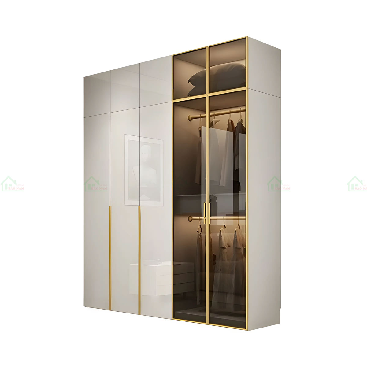 Sử dụng chất liệu acrylic bóng gương cao cấp cho bề mặt cánh tủ mang đến sự sang trọng, đẳng cấp.