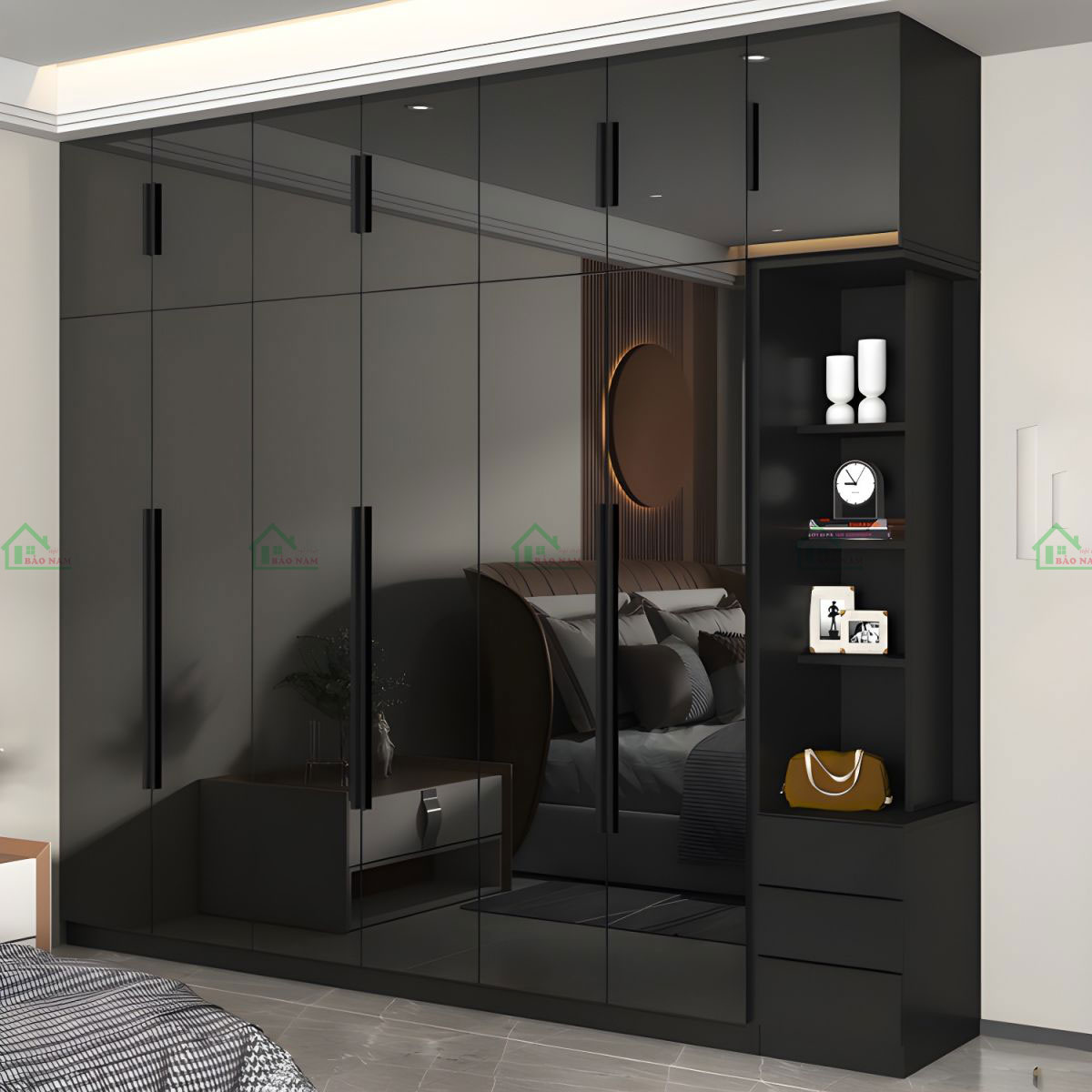 Thiết kế ấn tượng với bề mặt acrylic bóng gương màu đen sang trọng, tạo cảm giác đẳng cấp và hiện đại.