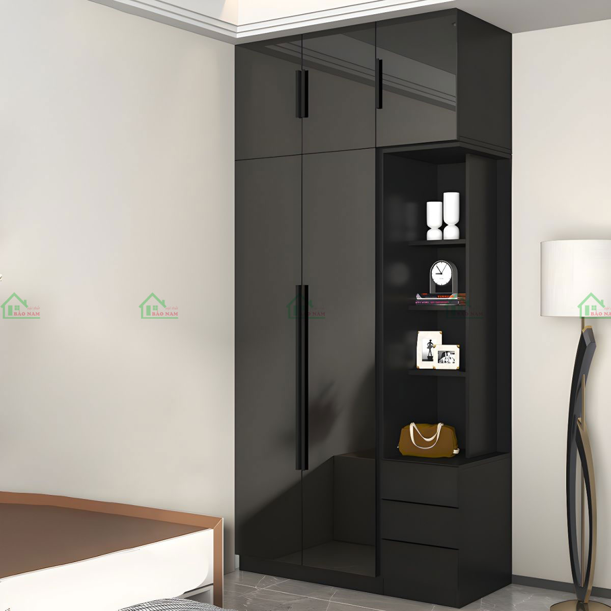 Cánh tủ mở linh hoạt, giúp dễ dàng tiếp cận và sắp xếp quần áo một cách ngăn nắp.