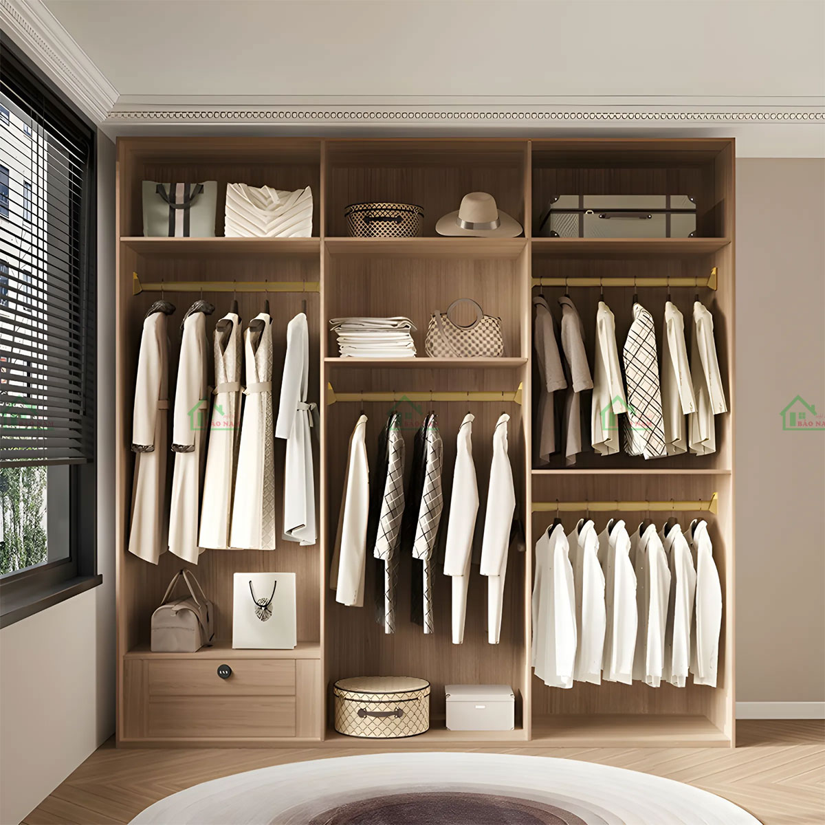 Thiết kế hiện đại, với kết hợp giữa melamine và acrylic tạo nên sự sang trọng và tinh tế.