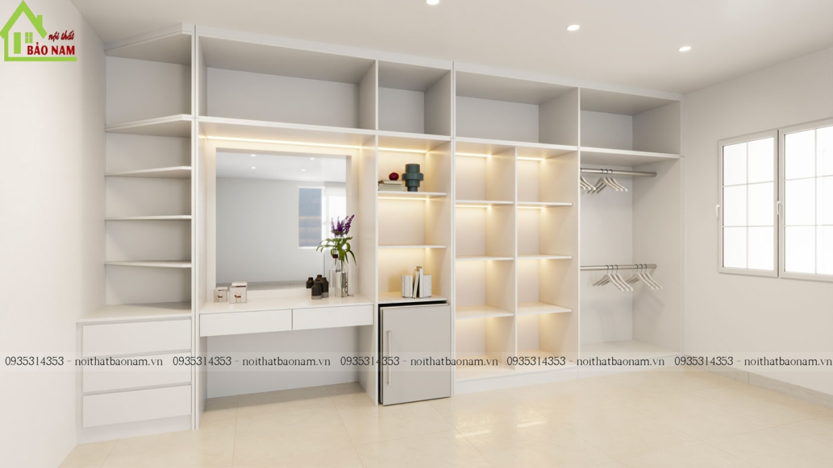 Thiết kế cánh tủ bằng Acrylic màu trắng sáng bóng, tạo cảm giác rộng rãi và hiện đại cho không gian.