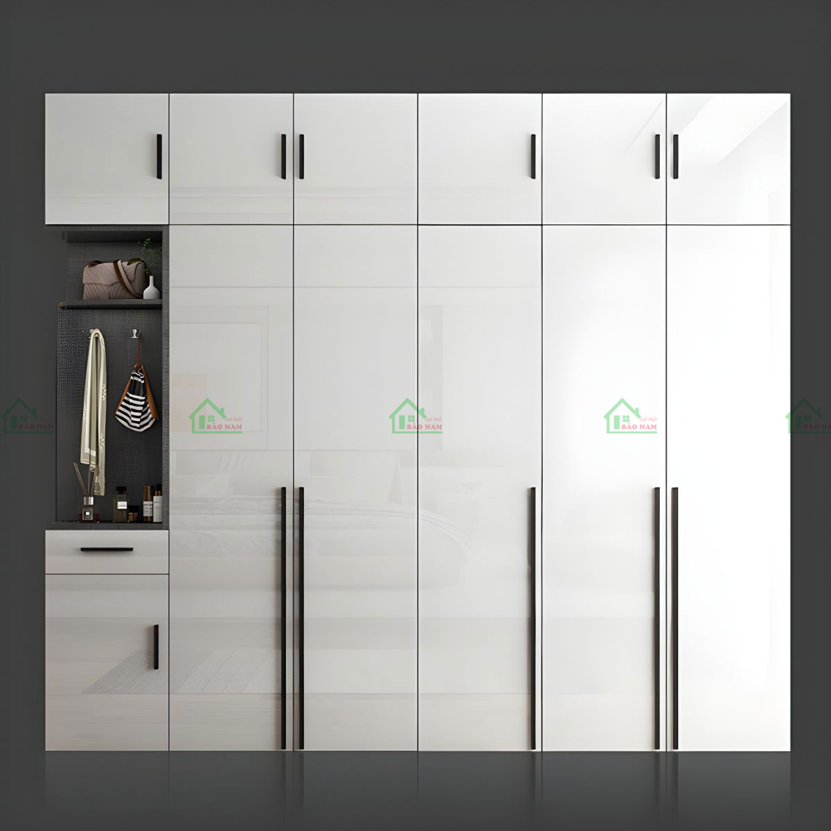 Tủ được thiết kế với phong cách hiện đại, tạo cảm giác tinh tế và đẳng cấp cho không gian phòng ngủ.