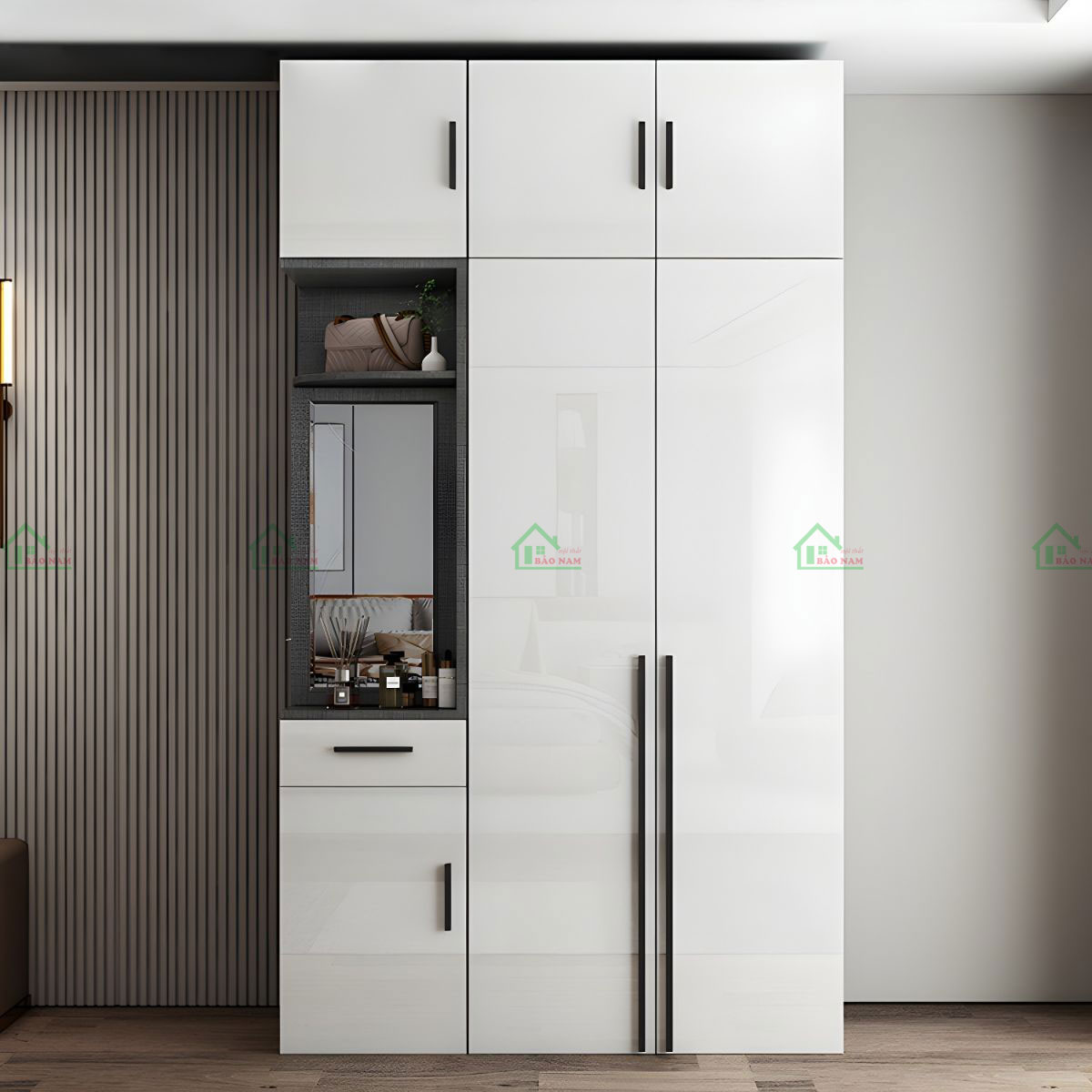 Cánh tủ acrylic bóng gương màu trắng mang lại vẻ ngoài sang trọng, tạo cảm giác sạch sẽ và rộng rãi cho căn phòng.