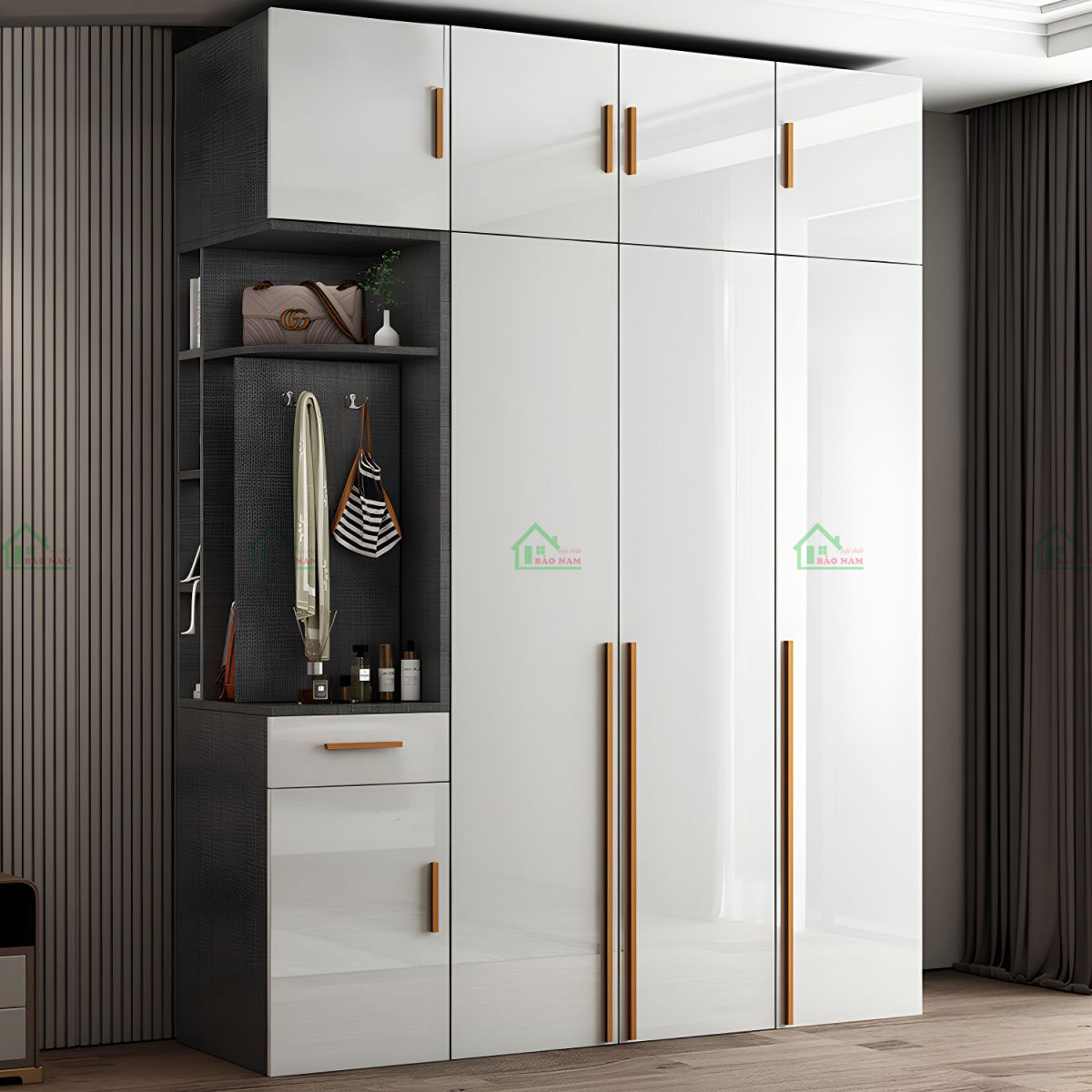 Thùng tủ MDF melamine màu xám kết hợp với cánh tủ acrylic, mang lại sự cân bằng và hài hòa về màu sắc.
