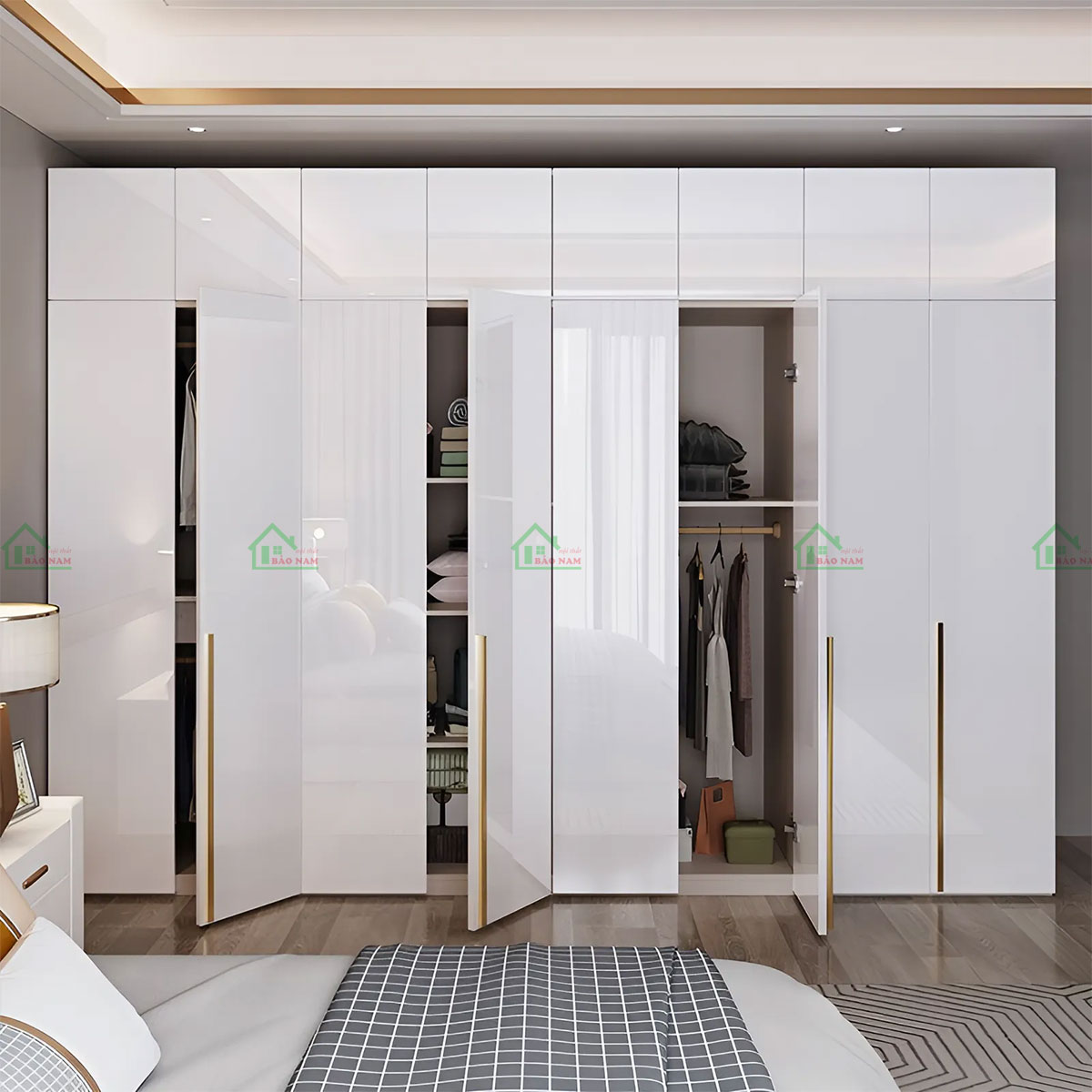 Thiết kế hiện đại, sang trọng với cánh tủ acrylic bóng gương.