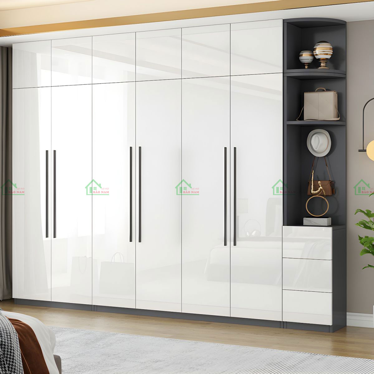 Tủ được thiết kế với phong cách hiện đại, tạo cảm giác tinh tế và đẳng cấp cho không gian phòng ngủ.