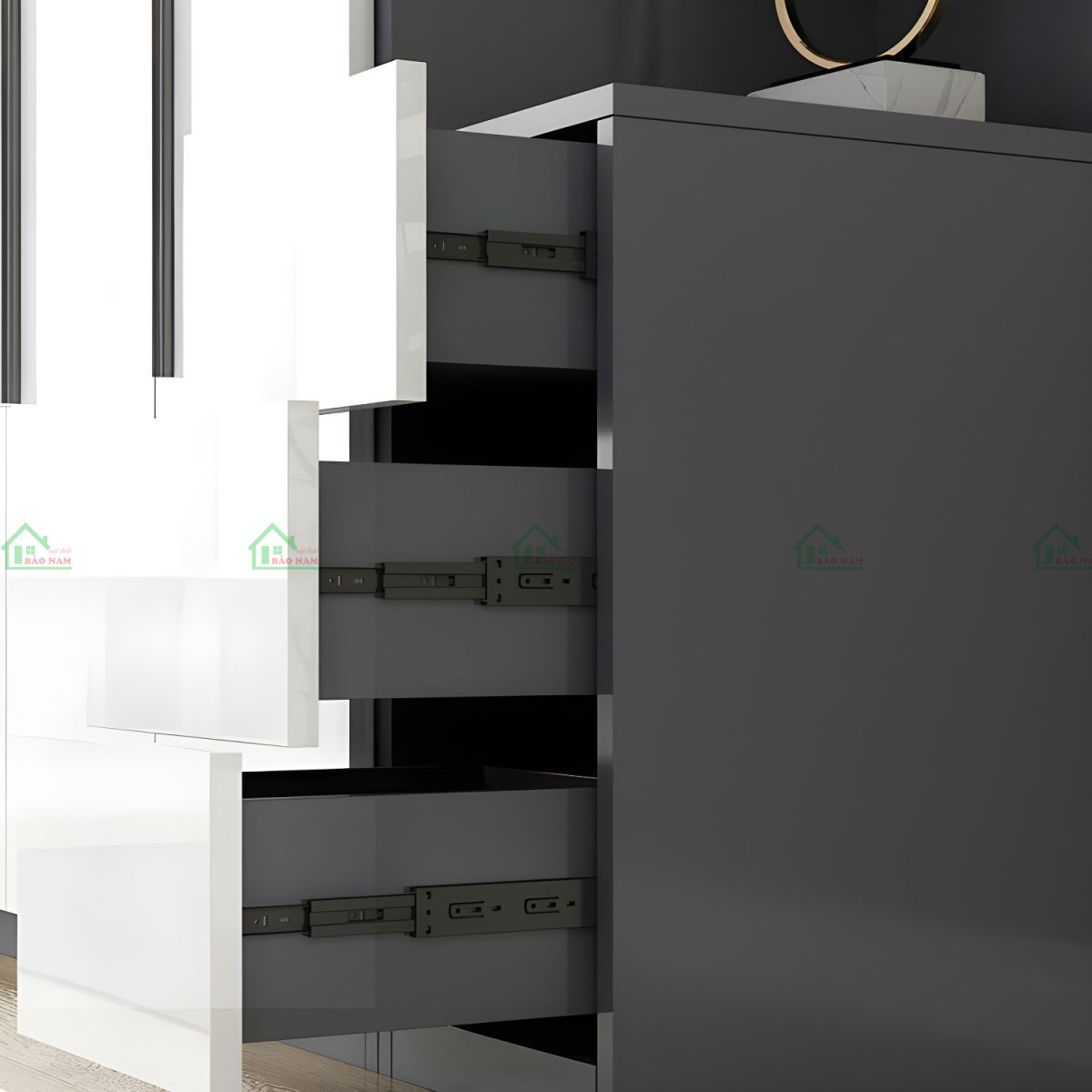 Kết hợp kệ góc trang trí tận dụng tối đa không gian và cung cấp thêm không gian lưu trữ tiện ích.