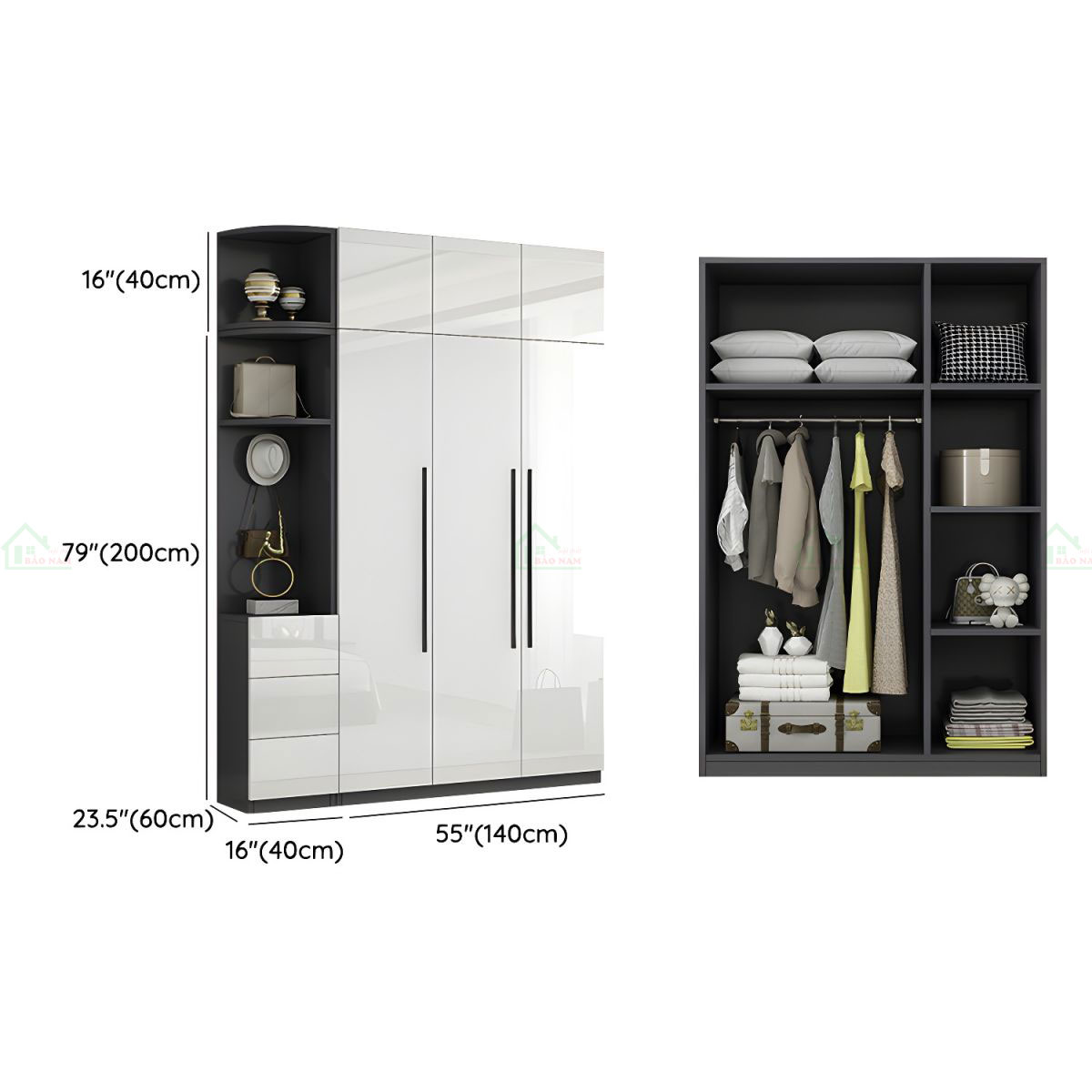 Chất liệu Acrylic bóng gương cao cấp và Melamine chống trầy xước cao, đáp ứng tốt về độ bền và dễ dàng vệ sinh.