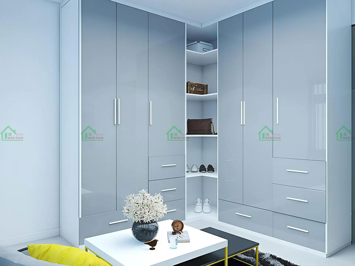 Tủ quần áo acrylic bóng gương chữ L TAR41 màu xám hiện đại tận dụng góc phòng
