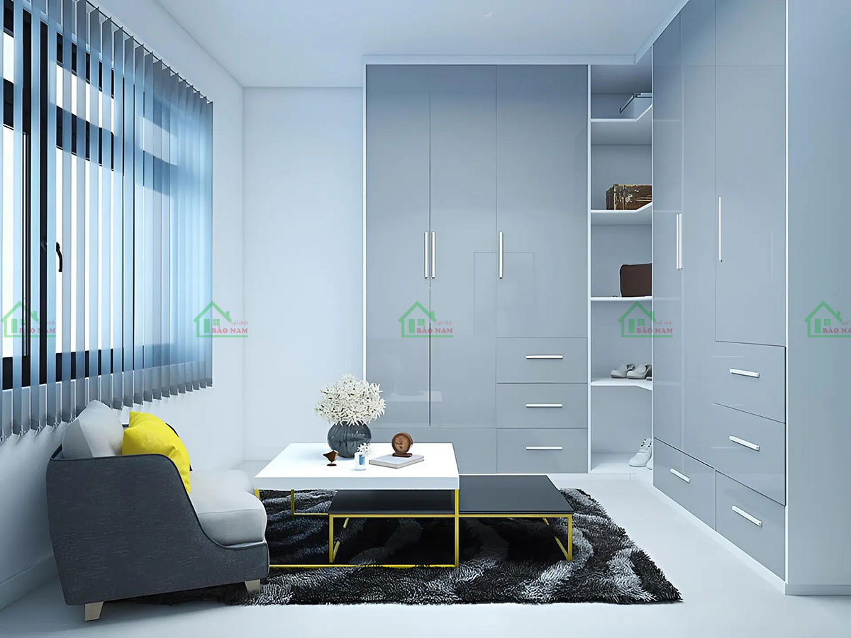Tủ áo acrylic xám bóng chữ L kịch trần tay nắm dài cho phòng ngủ hiện đại