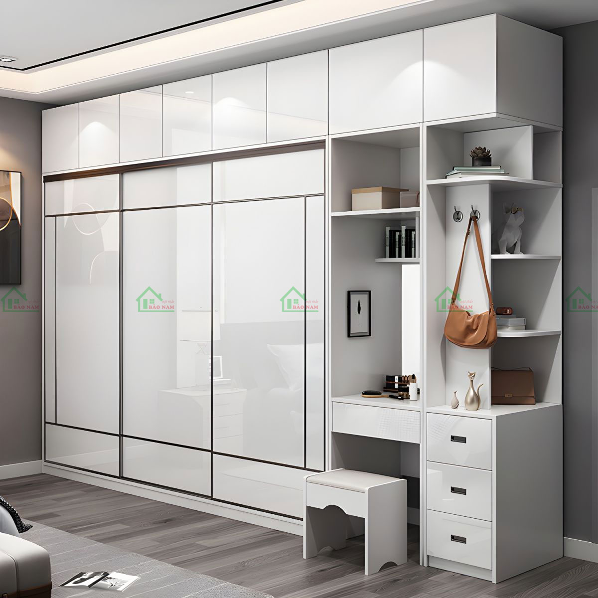 Thiết kế tủ quần áo hiện đại, tinh tế với bề mặt acrylic bóng gương cao cấp, mang lại vẻ ngoài sang trọng và đẳng cấp.