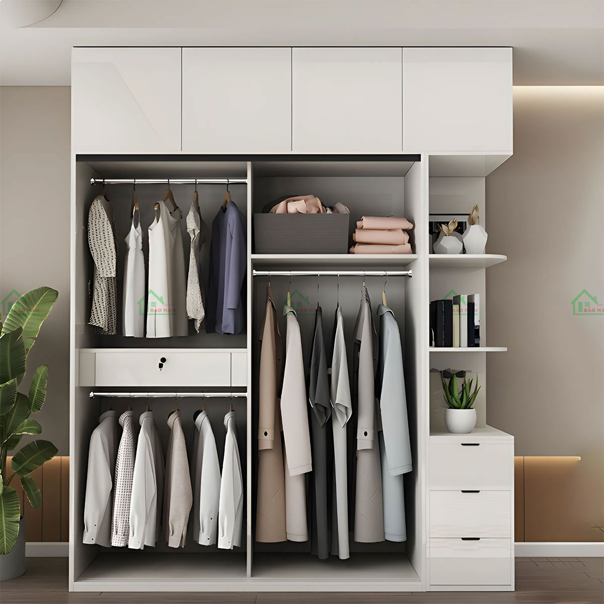 Bố trí bên trong tủ linh hoạt, có nhiều ngăn kéo và giá kệ để tối ưu hóa không gian.