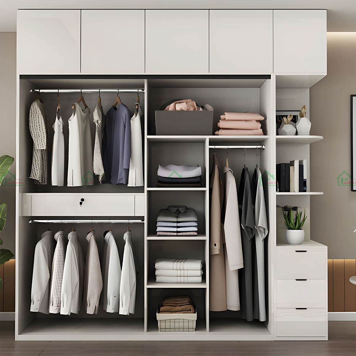 Tủ được sản xuất theo kích thước, đáp ứng tối đa nhu cầu lưu trữ của bạn.