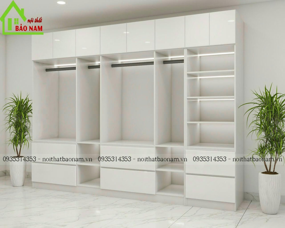 Thiết kế cánh tủ bằng Acrylic màu trắng sáng bóng, tạo cảm giác hiện đại, sang trọng.
