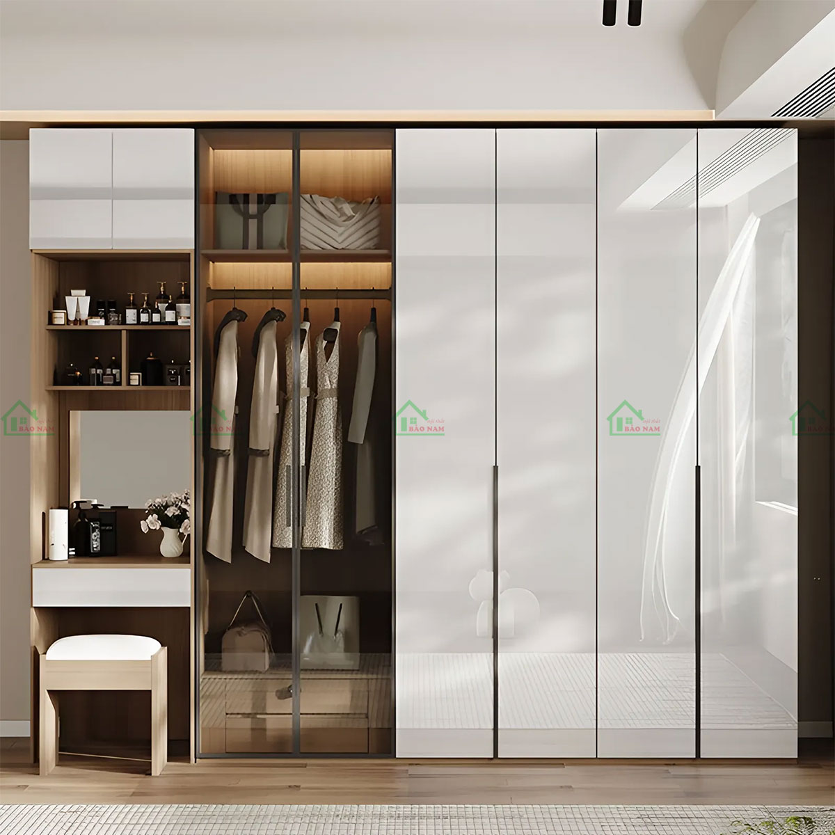 Sự kết hợp tinh tế giữa cánh tủ acrylic bóng gương màu trắng và khung nhôm đen mang đến vẻ ngoài đẳng cấp, phù hợp với không gian nội thất hiện đại.