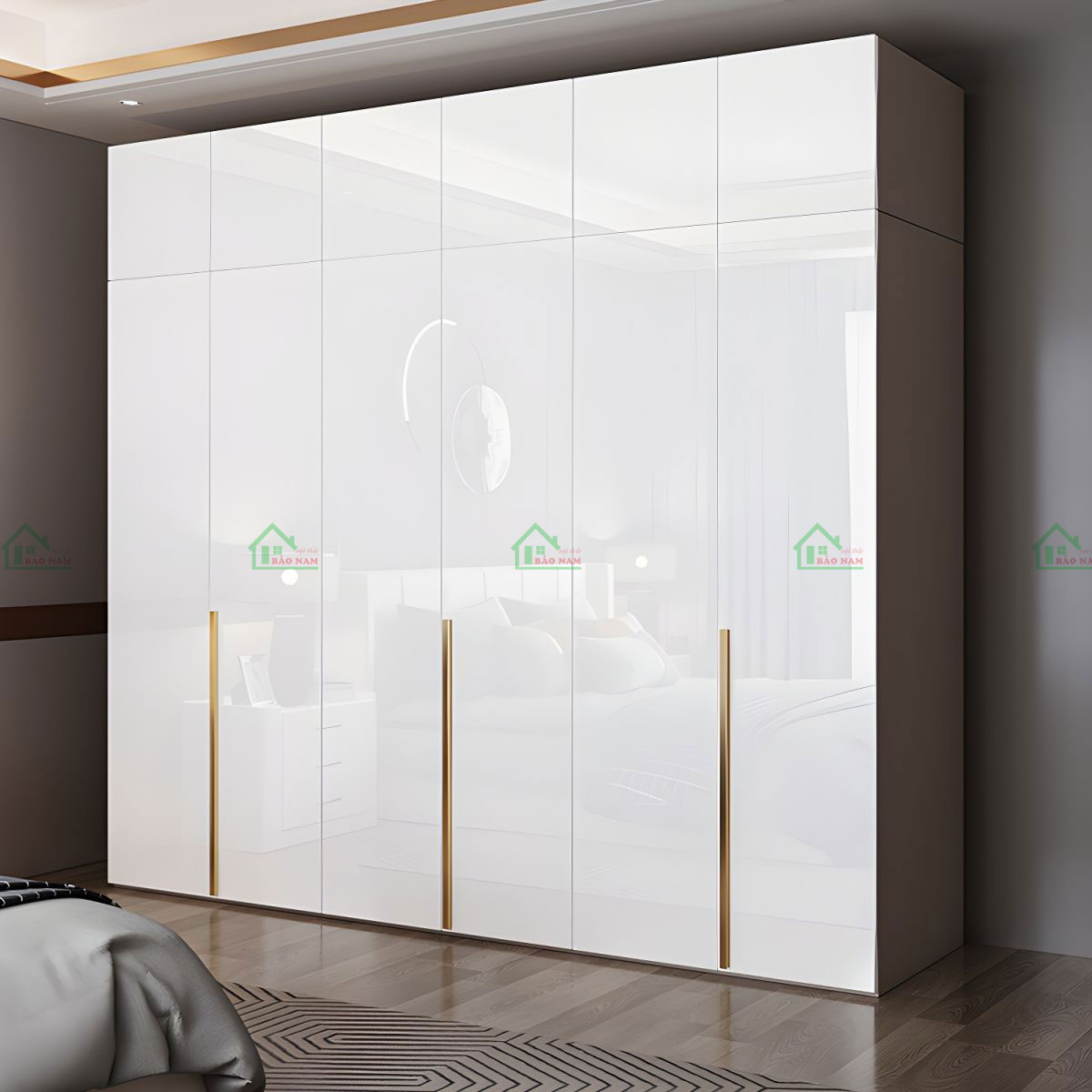 Thiết kế hiện đại, tinh tế với cánh tủ acrylic trắng sáng bóng.