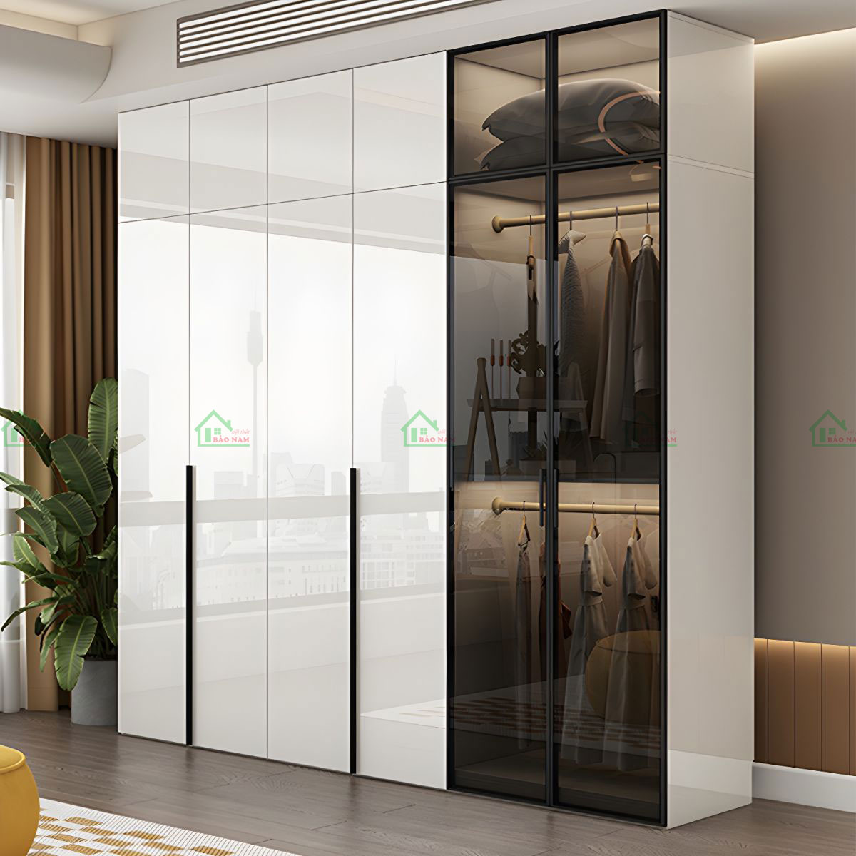 Sự kết hợp tinh tế giữa cánh acrylic bóng gương màu trắng và khung nhôm đen tạo nên vẻ ngoài tinh tế, hiện đại.
