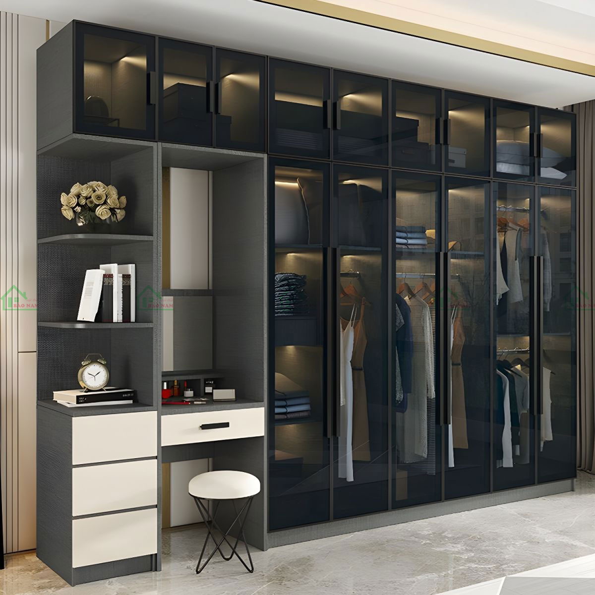 Thùng tủ sử dụng chất liệu Gỗ công nghiệp MDF An Cường màu vân vải độc đáo.