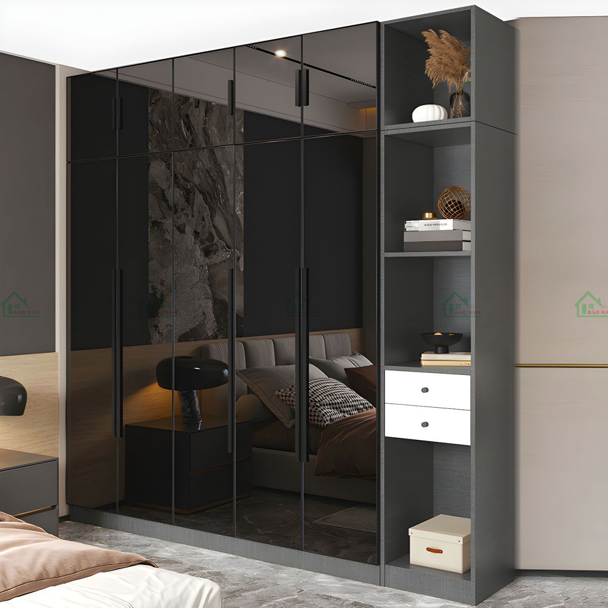 Thiết kế kịch trần với cánh kính màu đen mở tiện lợi, tối ưu hóa không gian và tạo cảm giác rộng rãi, thoáng đãng.