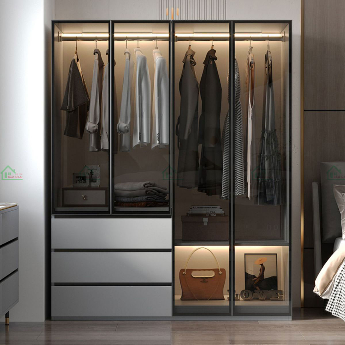 Thiết kế hiện đại và thanh lịch với khung tủ bằng gỗ công nghiệp chất lượng với gam màu xám