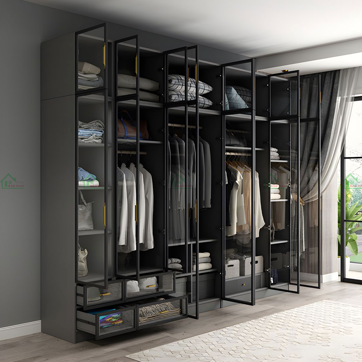 Sự kết hợp giữa khung nhôm sơn tĩnh điện và kính cường lực màu xám khói tạo nên vẻ đẹp hiện đại, lịch lãm.