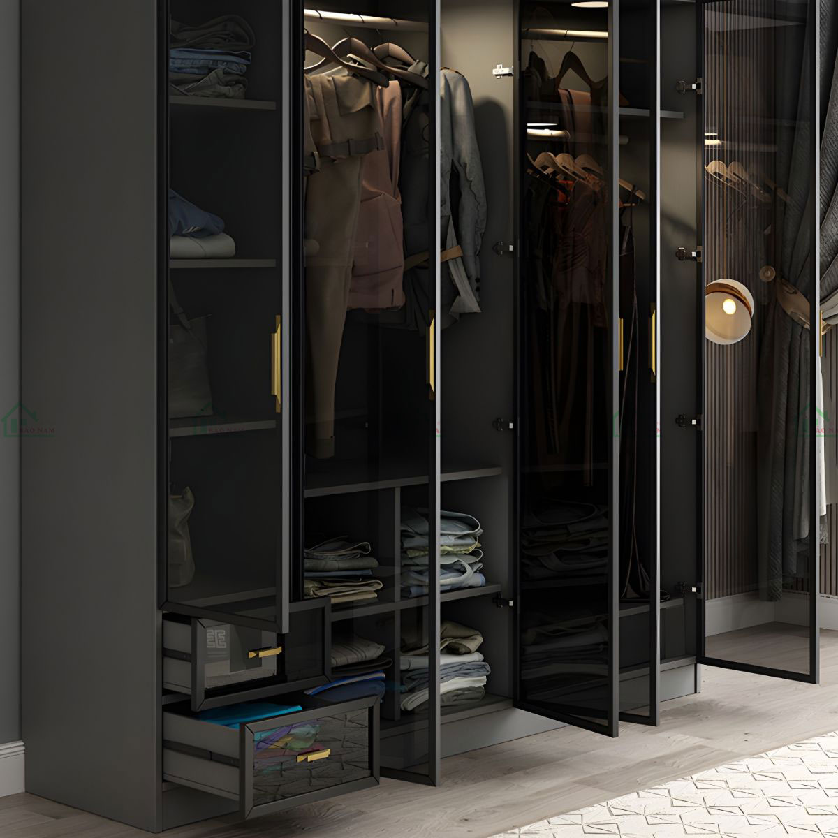 Thùng tủ sử dụng chất liệu Gỗ MDF An Cường đảm bảo độ bền và chắc chắn cho tủ.