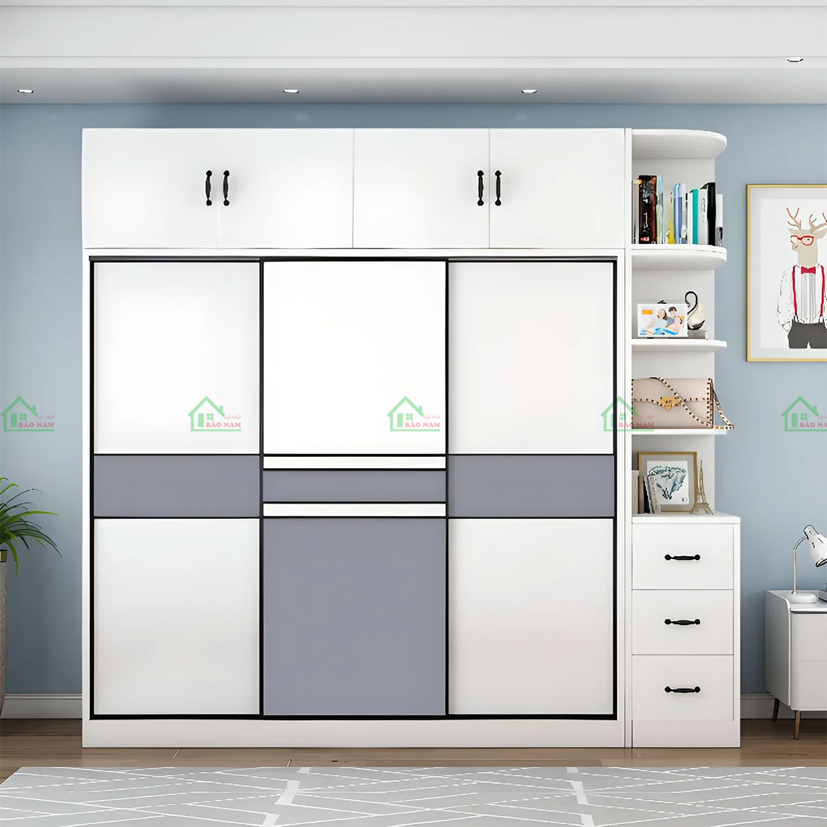 Tủ Quần Áo Cánh Lùa Gỗ MDF Kết Hợp Kệ Trang Trí Hiện Đại TAL12