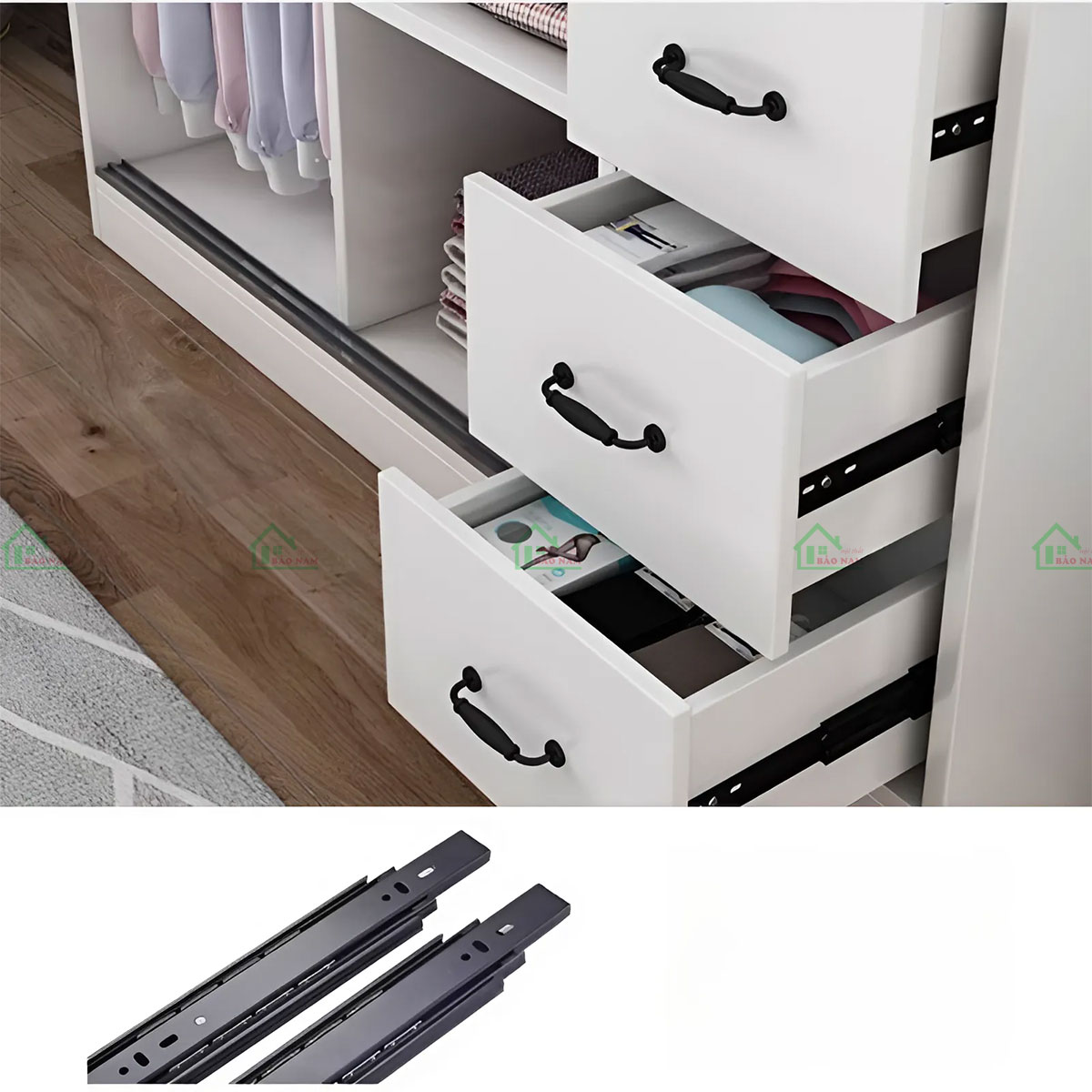 Thiết kế thông minh với nhiều ngăn kéo, giá treo và kệ mở giúp tận dụng tối đa diện tích phòng ngủ.