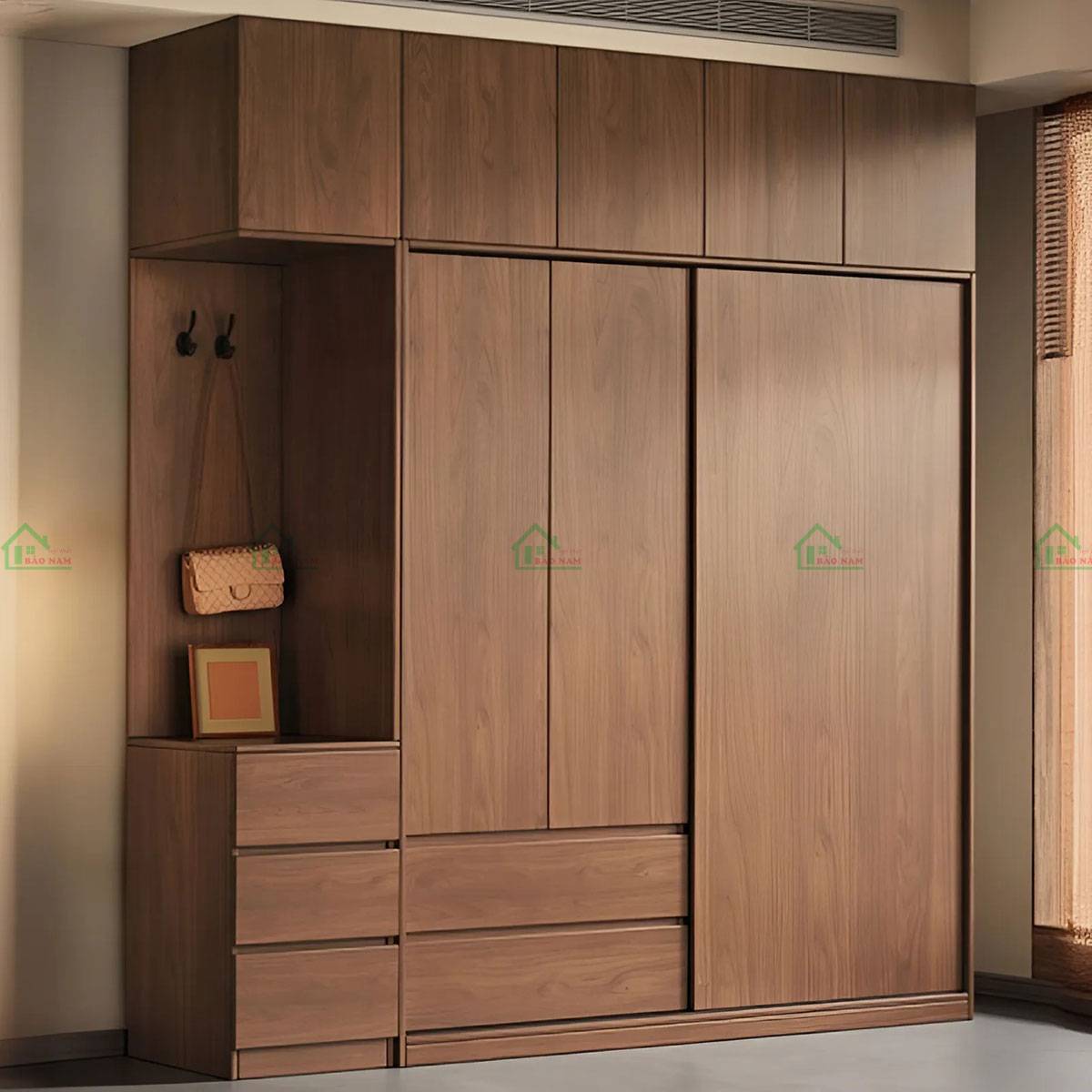 Tủ quần áo gỗ tự nhiên cánh lùa hiện đại TATN04 với thiết kế tối giản, màu nâu ấm sang trọng