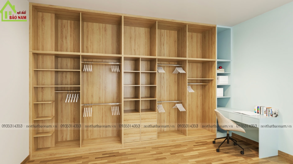 Kết hợp kệ trang trí và bàn làm việc cho tủ áo TAL34, mang lại tính tiện dụng và thẩm mỹ.