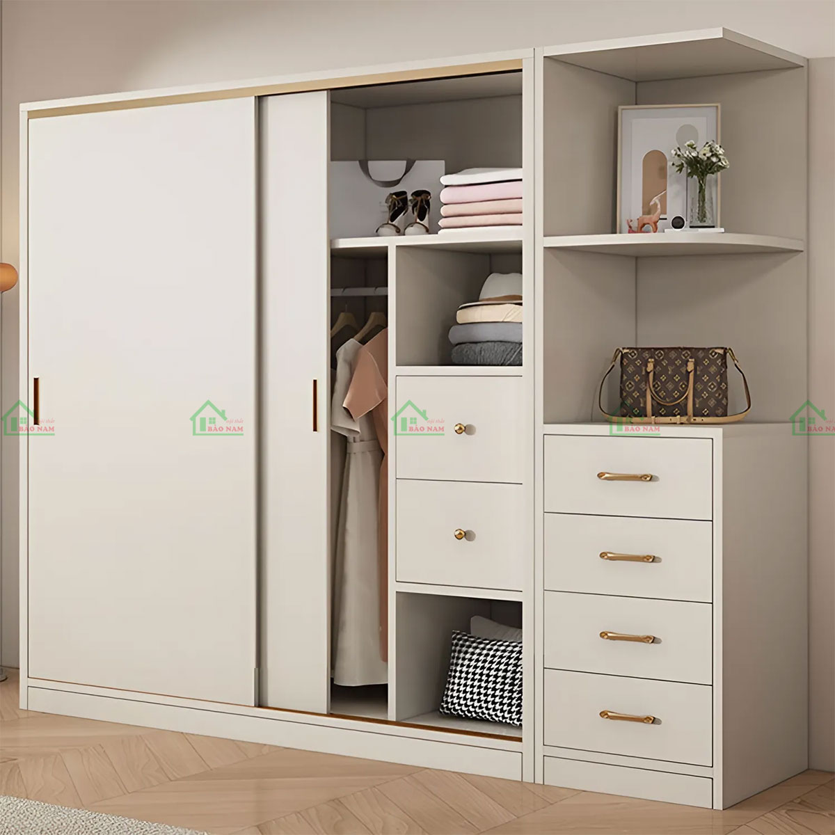 Chất liệu Gỗ MDF chất lượng cao, bền bỉ, chịu lực tốt, phù hợp cho việc lưu trữ quần áo.