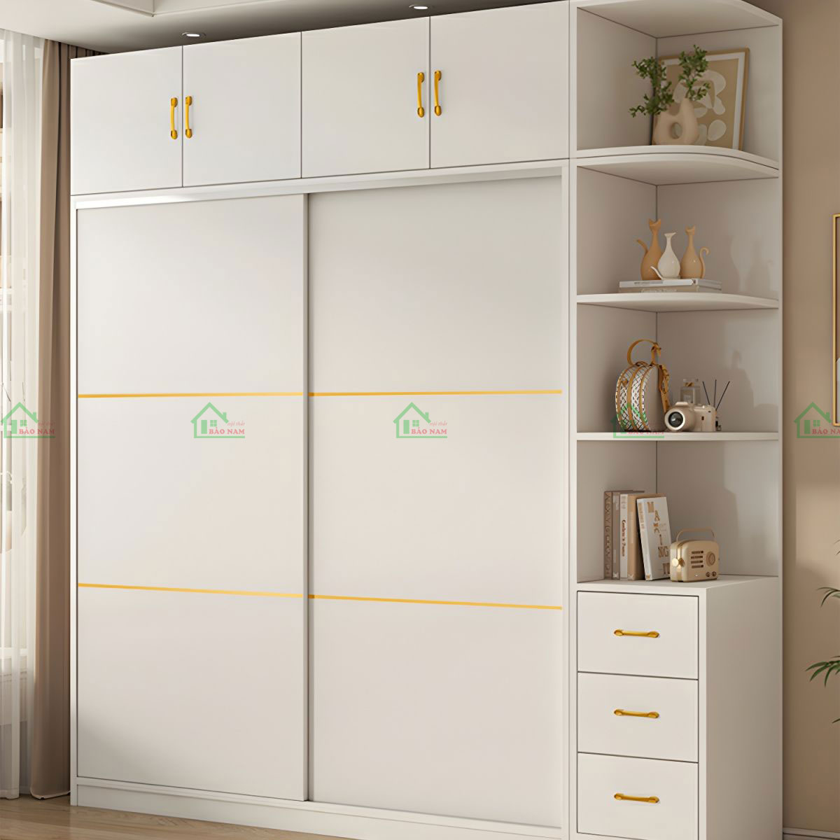 Tủ quần áo có thiết kế cánh lùa, giúp tiết kiệm không gian và tạo nên vẻ ngoài thanh lịch, phù hợp với các phong cách nội thất hiện đại.