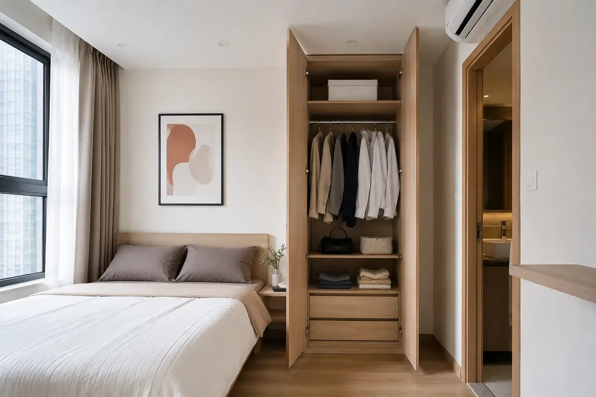 Mẫu tủ quần áo cánh mở 2 cánh thiết kế gọn gàng, phù hợp căn hộ chung cư và phòng ngủ diện tích nhỏ