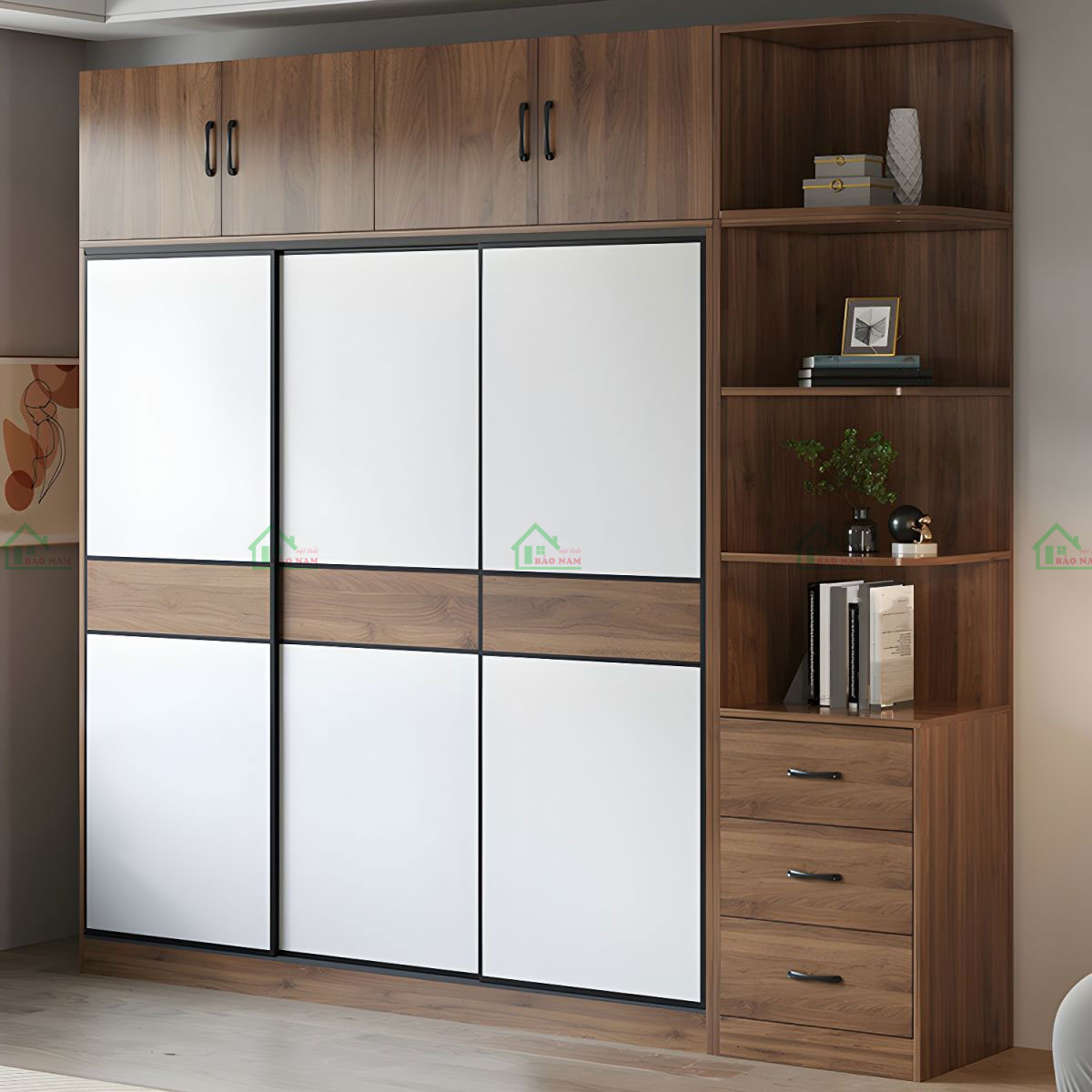 Kết hợp kệ góc trang trí, tạo điểm nhấn và sự tiện dụng.