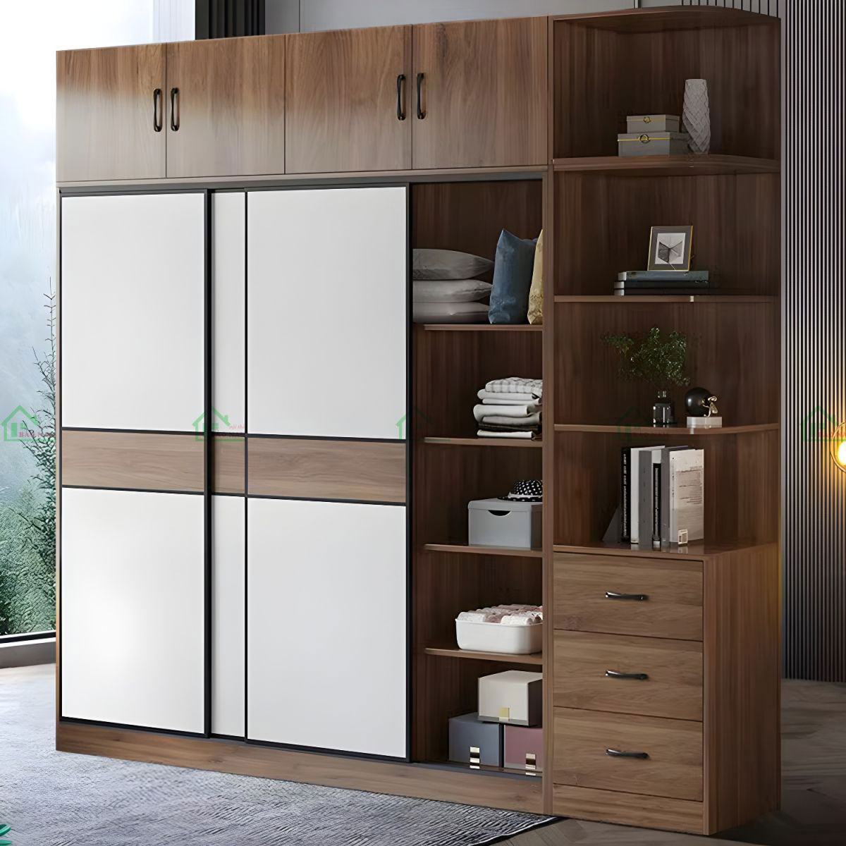 Sự kết hợp giữa cánh màu trắng và viền vân gỗ đồng bộ, tạo nên sự đồng nhất và tinh tế.