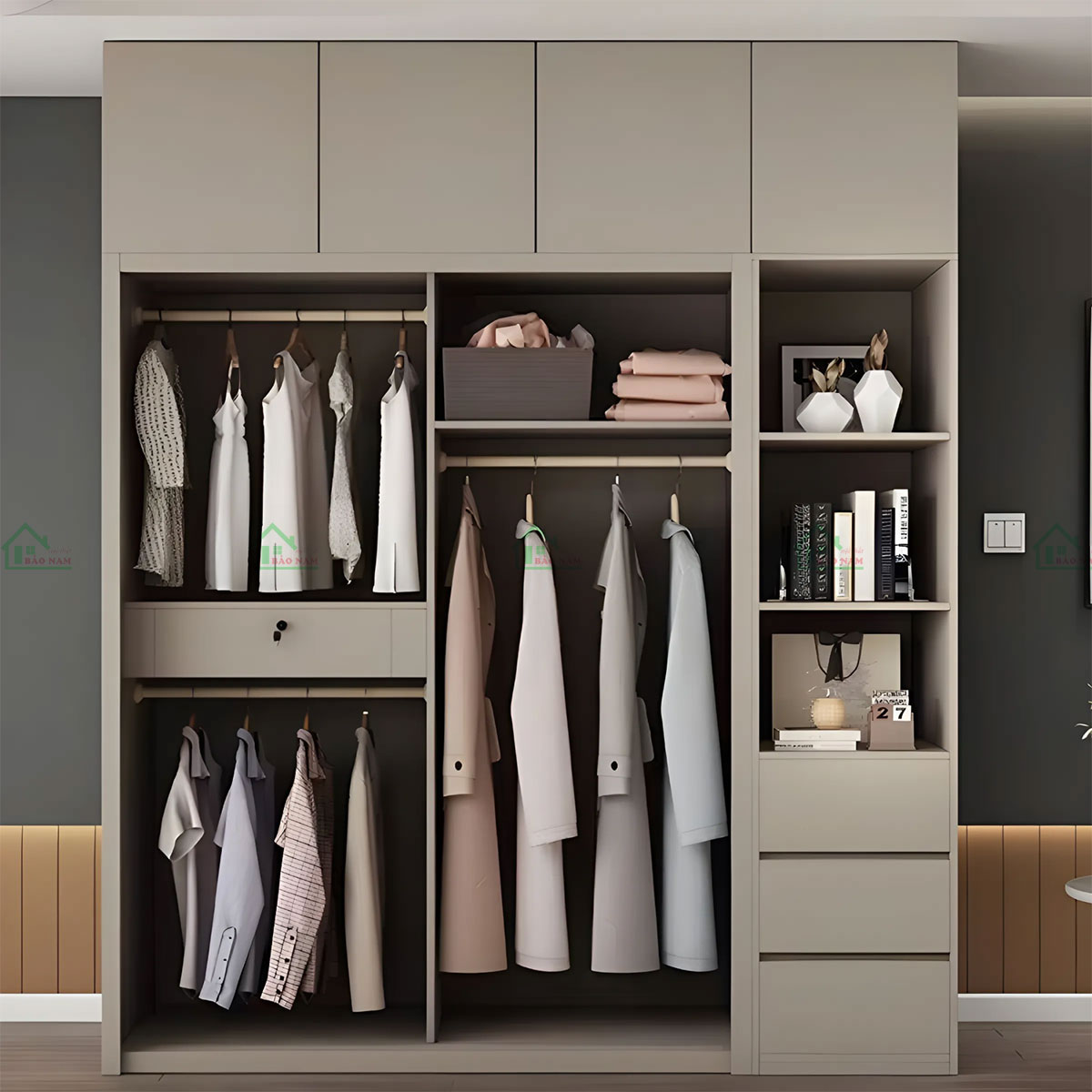 Chất liệu gỗ MDF bền bỉ, dễ vệ sinh và mang đến sự sang trọng, ấm áp.
