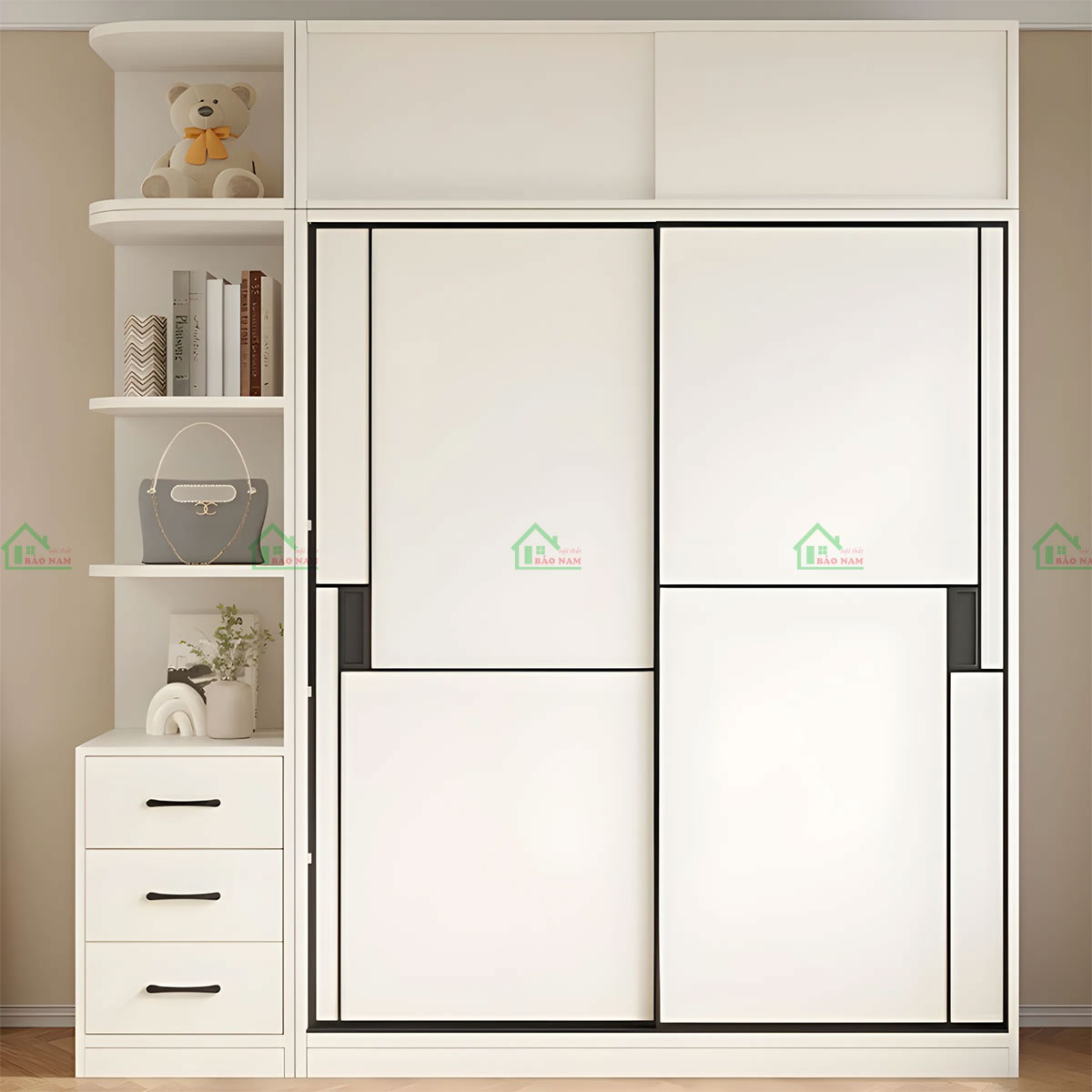 Với thiết kế đẹp mắt, mẫu tủ này không chỉ là nơi lưu trữ quần áo mà còn là điểm nhấn kiến trúc ấn tượng, nâng tầm vẻ đẹp cho căn phòng.