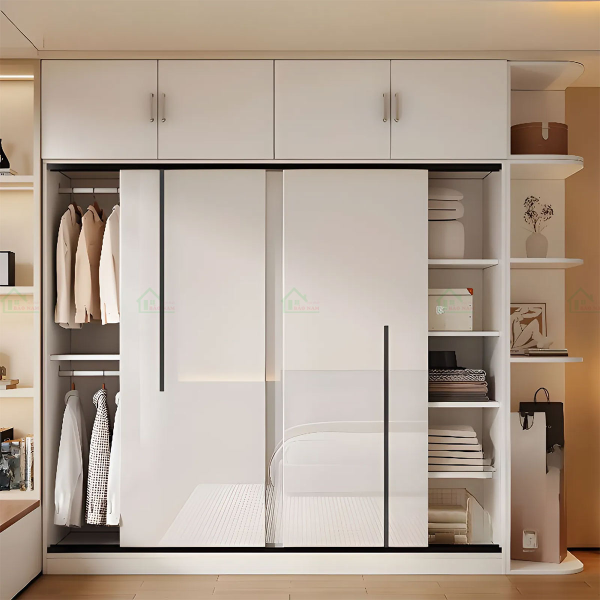 •	Thiết kế tủ quần áo cửa lùa acrylic bóng gương hiện đại