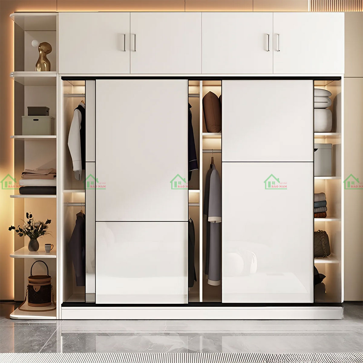 Chất liệu Cánh Acrylic cao cấp, bền bỉ, dễ vệ sinh và không bị phai màu theo thời gian, mang lại độ bền cao cho tủ.