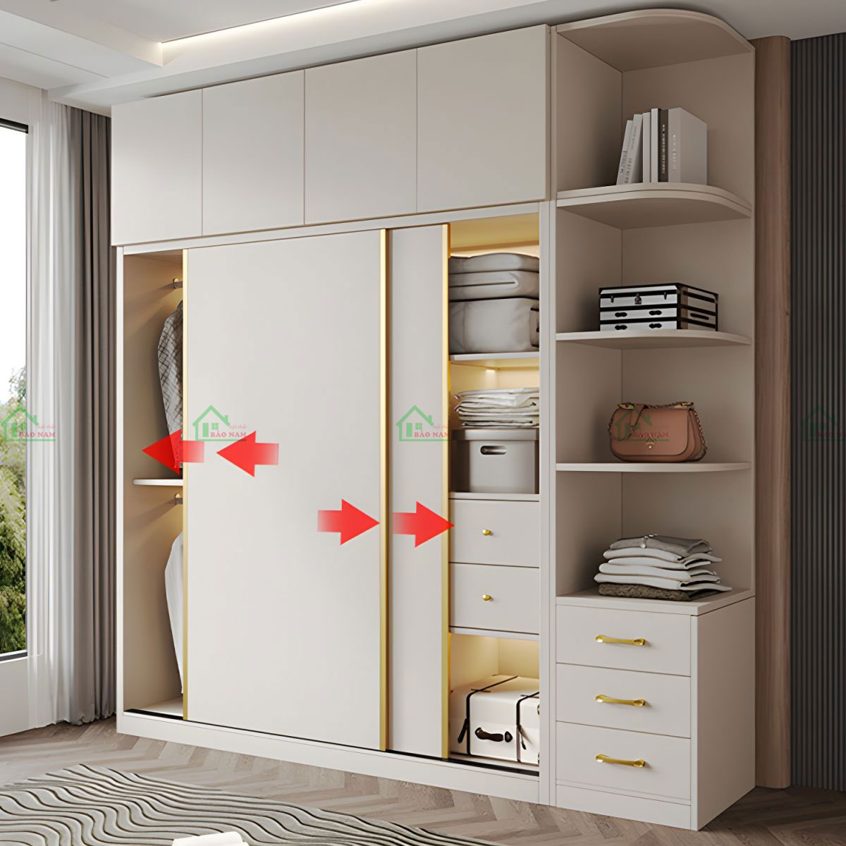 Thiết kế cửa lùa giúp tối ưu hóa không gian phòng ngủ, tránh chiếm diện tích không cần thiết như các mẫu tủ cánh mở truyền thống.