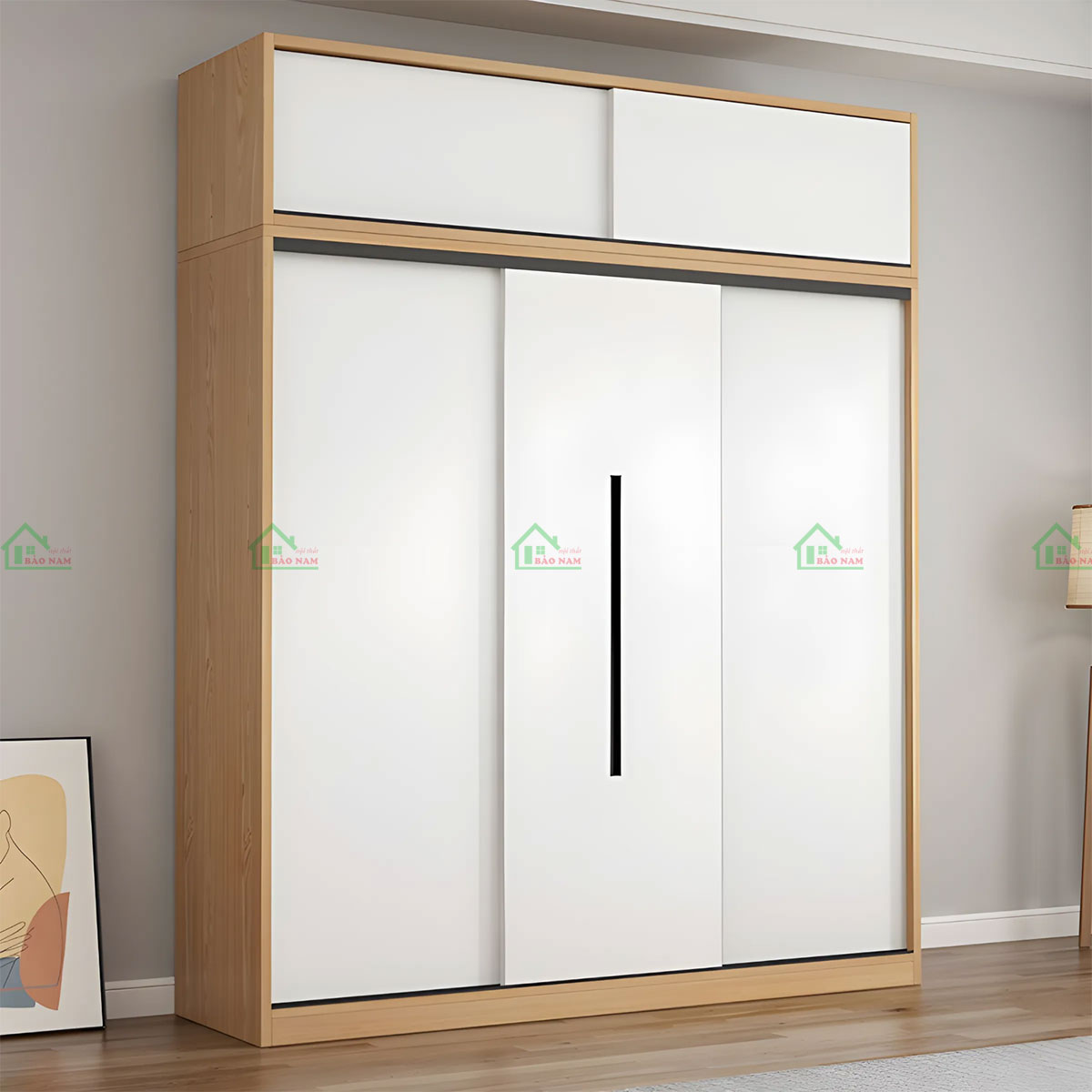 Tủ quần áo TAL31 có kiểu dáng hiện đại kết hợp giữa màu vân gỗ phối trắng mang lại vẻ đẹp tinh tế, phù hợp với không gian hiện đại.