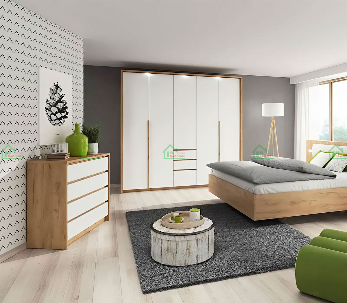 Sự kết hợp hài hòa giữa màu vân gỗ tự nhiên và cánh màu trắng tạo nên vẻ đẹp thanh lịch, sang trọng, phù hợp với nhiều phong cách nội thất.
