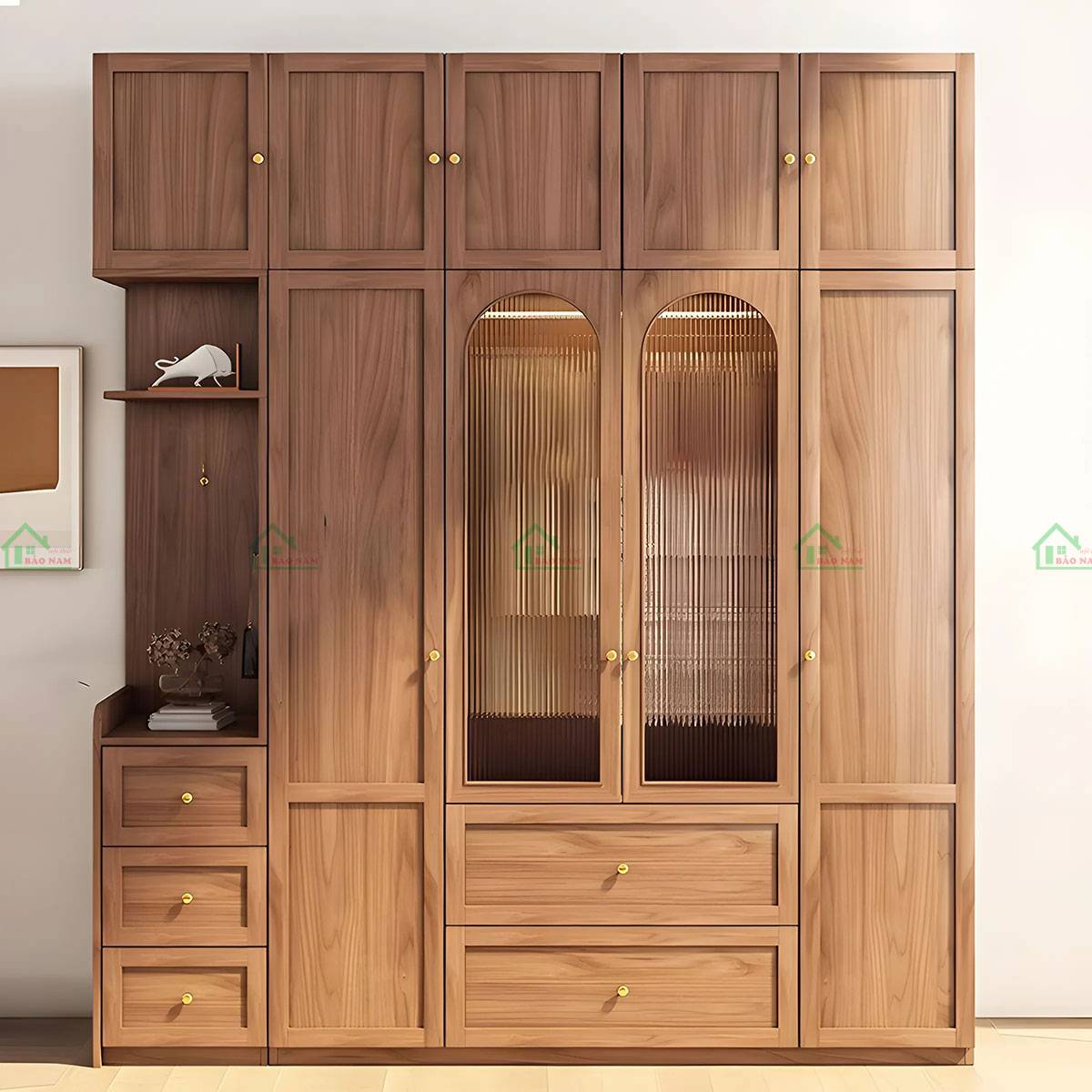 Tủ quần áo gỗ căm xe TATN14 màu nâu tự nhiên cánh kính