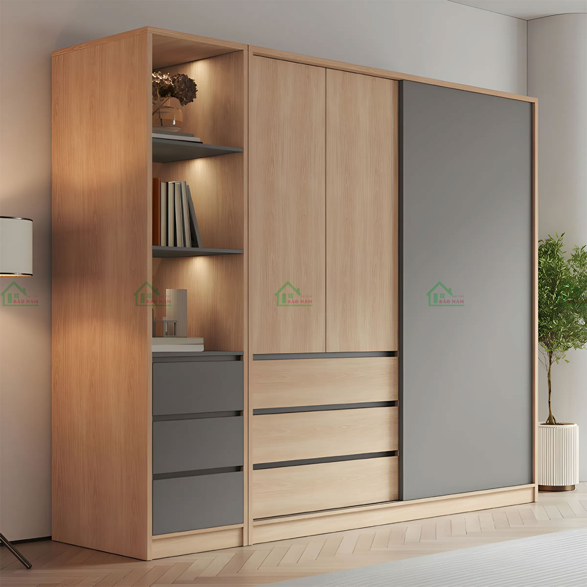 Kết hợp kệ trang trí cho tủ áo TAL33, mang lại tính tiện dụng và thẩm mỹ.