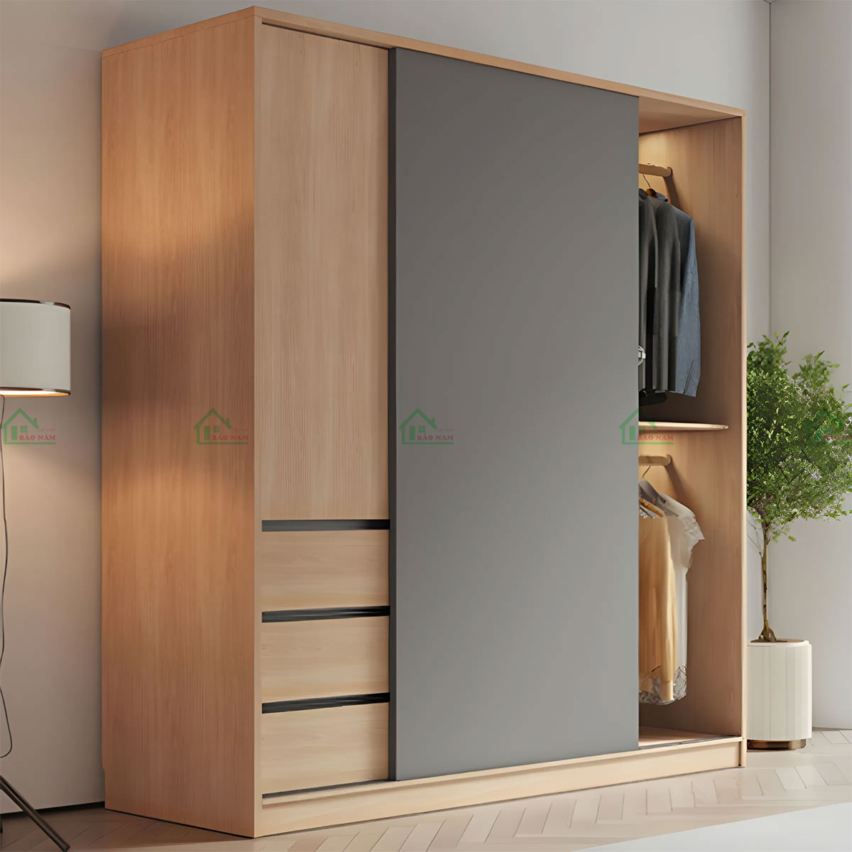 Thiết kế tủ áo TAL33 có màu vân gỗ tự nhiên trung tính, phù hợp với nhiều phong cách nội thất.