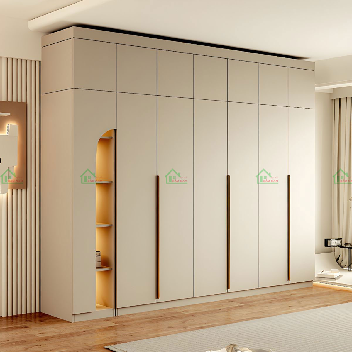 Thiết kế tay nắm dài bằng nhôm màu vàng sang trọng, tạo nên mặt tủ có vẻ đẹp tinh xảo.