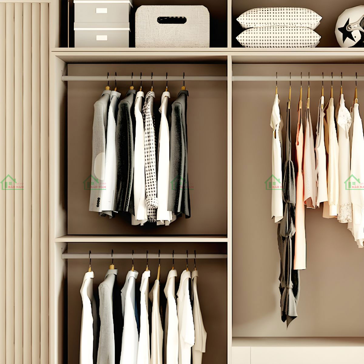 Thiết kế hệ thống ngăn kéo và giá kệ linh hoạt, giúp tối ưu hóa không gian lưu trữ.